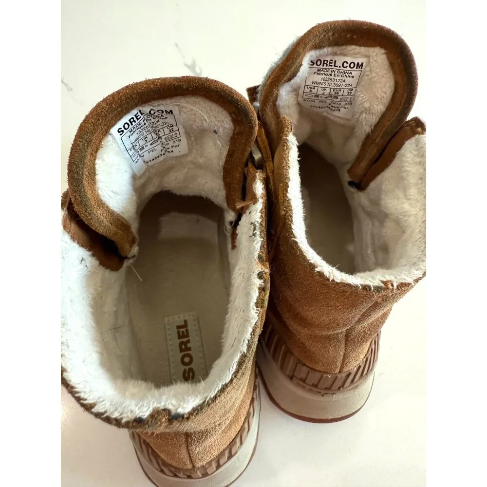 Sorel‎ Womens Kinetic Leather Ankle Boots Fur Lining Rubber Size 5 Brown Suede